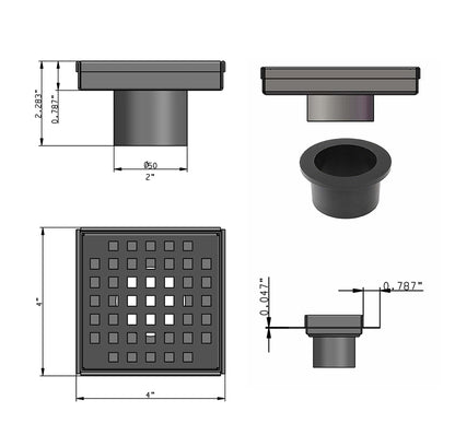 4 Inch Brushed Square Shower Drain Kit with Hair Trap and Base Flange – Traditional Square Design