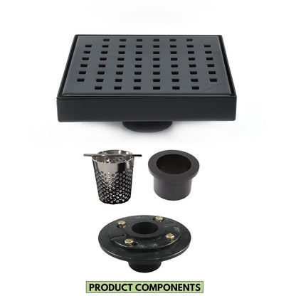 6 Inch Matte Black Square Shower Drain with Hair Trap and Base Flange Kit – Traditional Square Design