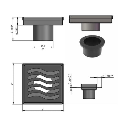 4 Inch Polished Chrome Square Shower Drain Kit with Hair Trap and Base Flange – Ocean Wave Design