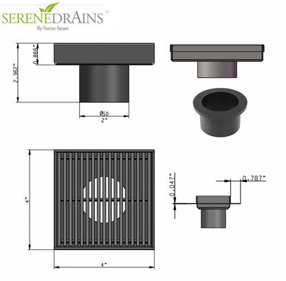 4 Inch Polished Chrome Square Shower Drain Kit with Hair Trap and Base Flange – Linear Wedge Design