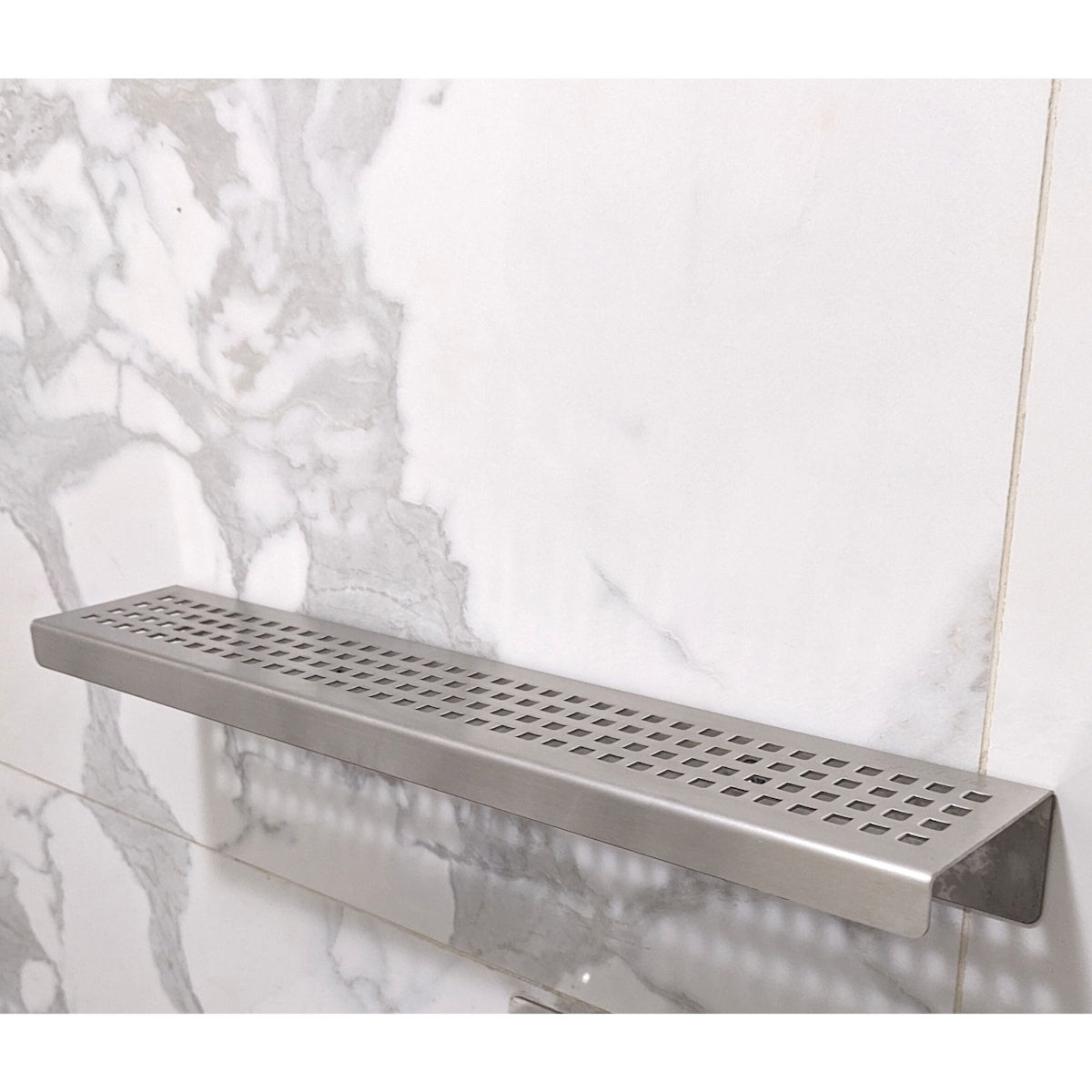 SereneDrains brushed nickel shower shelf for shampoo soap wall mounted