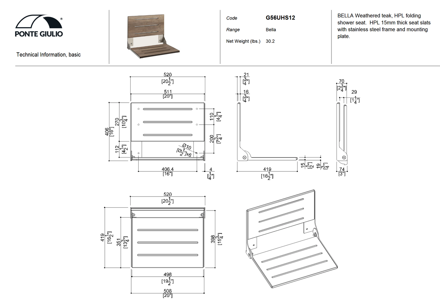 Shower Seat, Folding Shower Seat with Backrest, Ponte Giulio G56UHS12N1