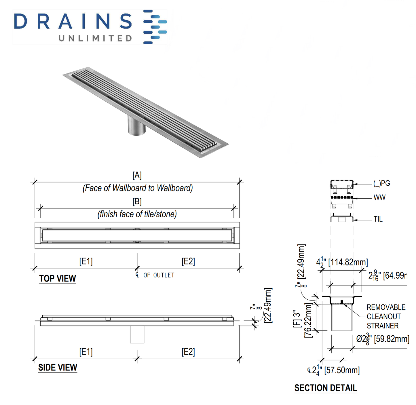 71 Inch Linear Drain Square Design Brushed Stainless Steel, Drains Unlimited