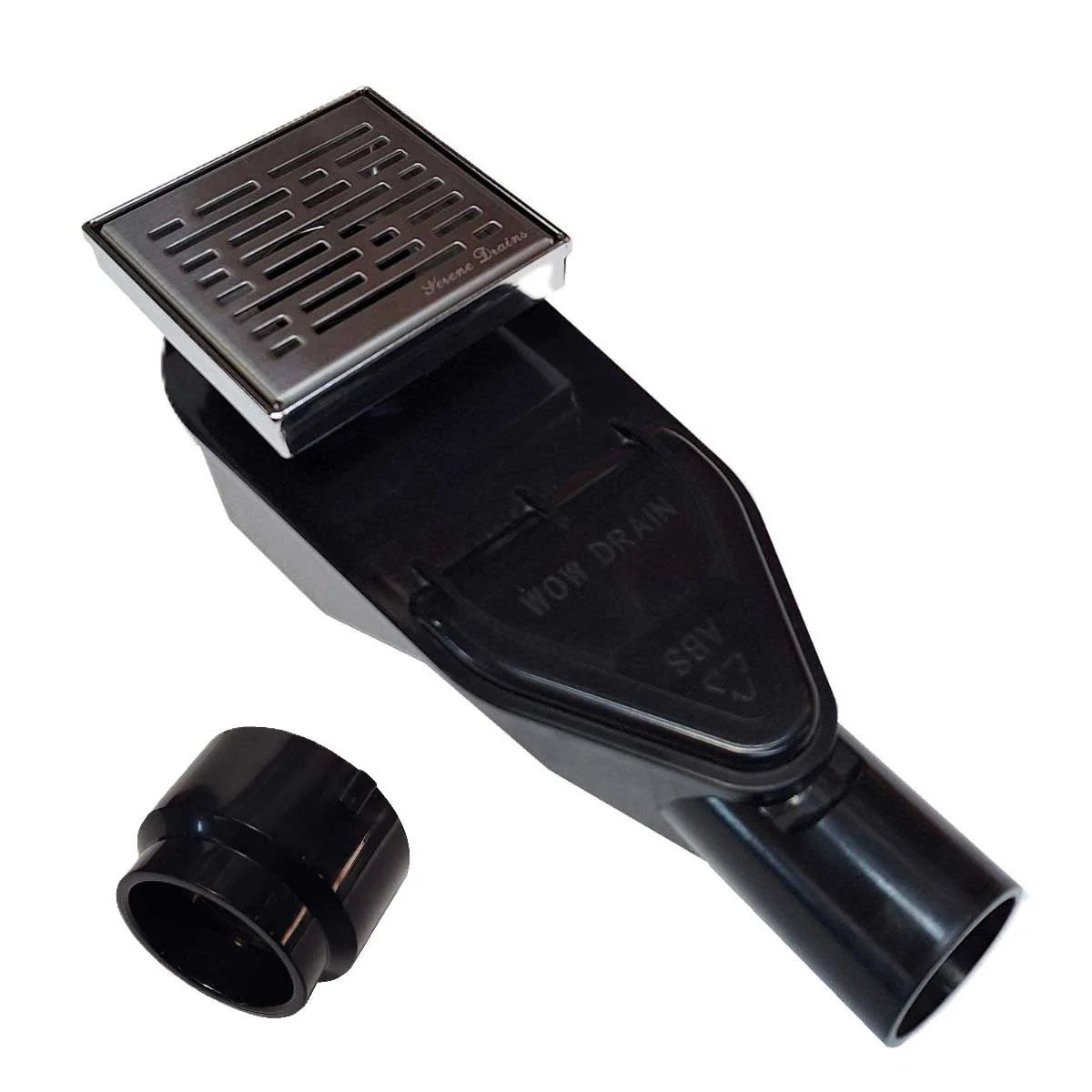 ABS Horizontal Side Discharge Drain Reducer for PVC Base Pipe and P-Trap, with 4 Inch Brushed Square Shower Drain