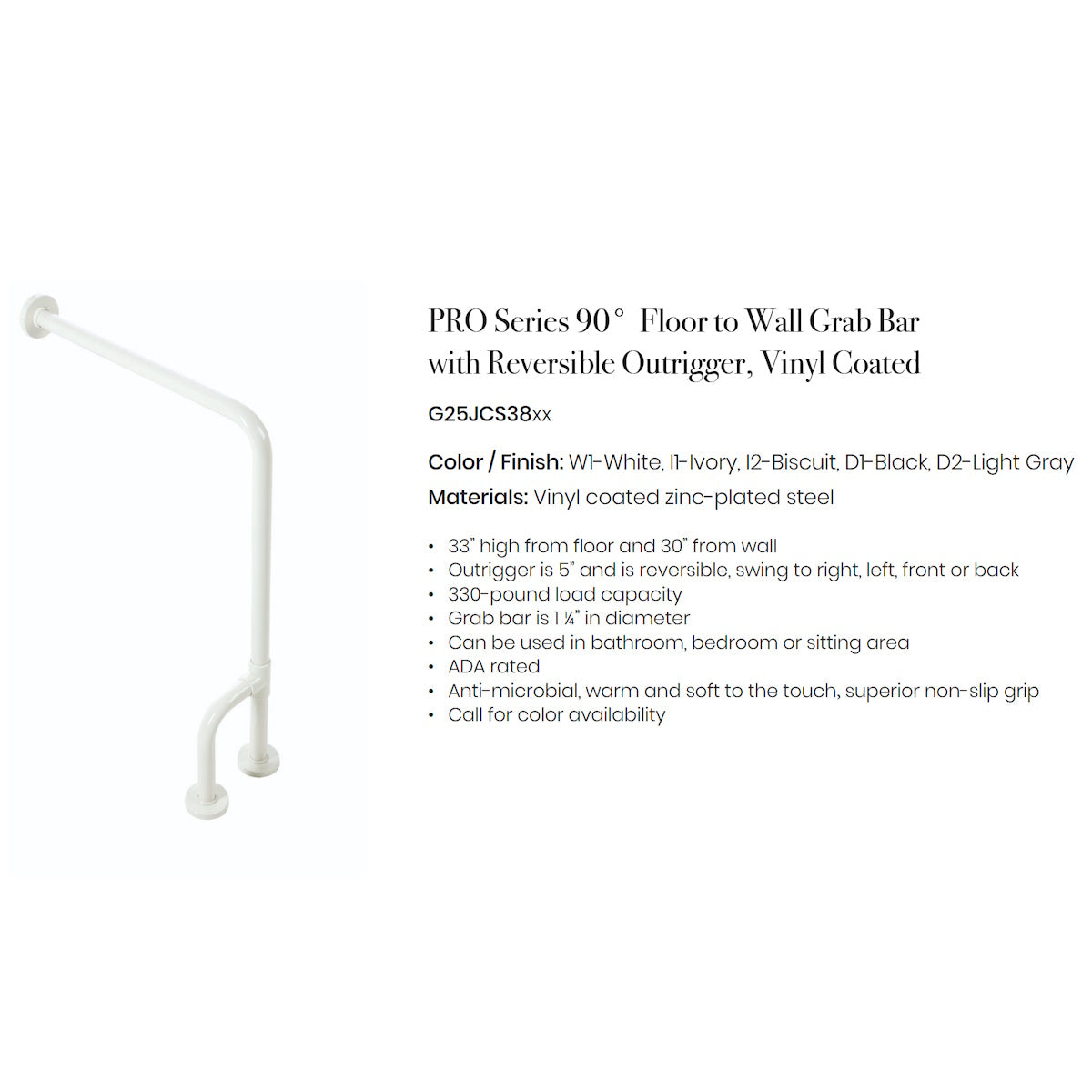 90 Degrees Floor-to-Wall Grab Bar with Reversible Support Leg, White Vinyl-Coated