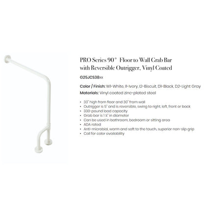 90 Degrees Floor-to-Wall Grab Bar with Reversible Support Leg, White Vinyl-Coated