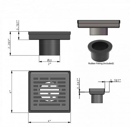 4 Inch Square Shower Drains, Matte Black Broken Lane Design, SereneDrains