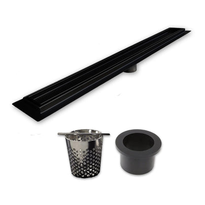 Matte Black Tile Insert Linear Shower Drain Kit with Hair Trap and Flange Base
