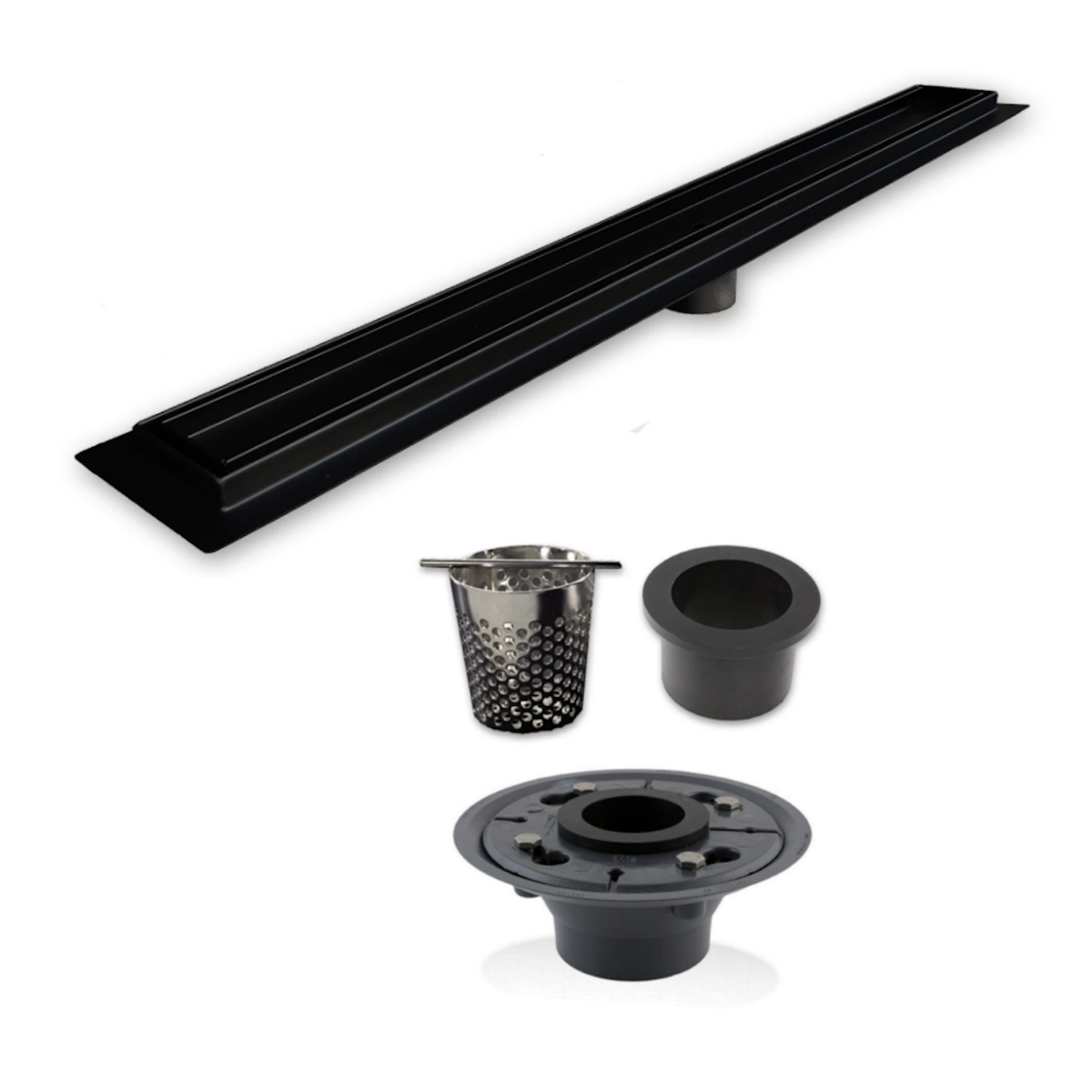 Matte Black Tile Insert Linear Shower Drain Kit with Hair Trap and Flange Base