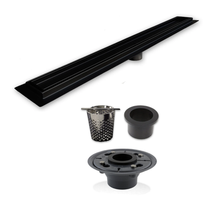 Matte Black Tile Insert Linear Shower Drain Kit with Hair Trap and Flange Base