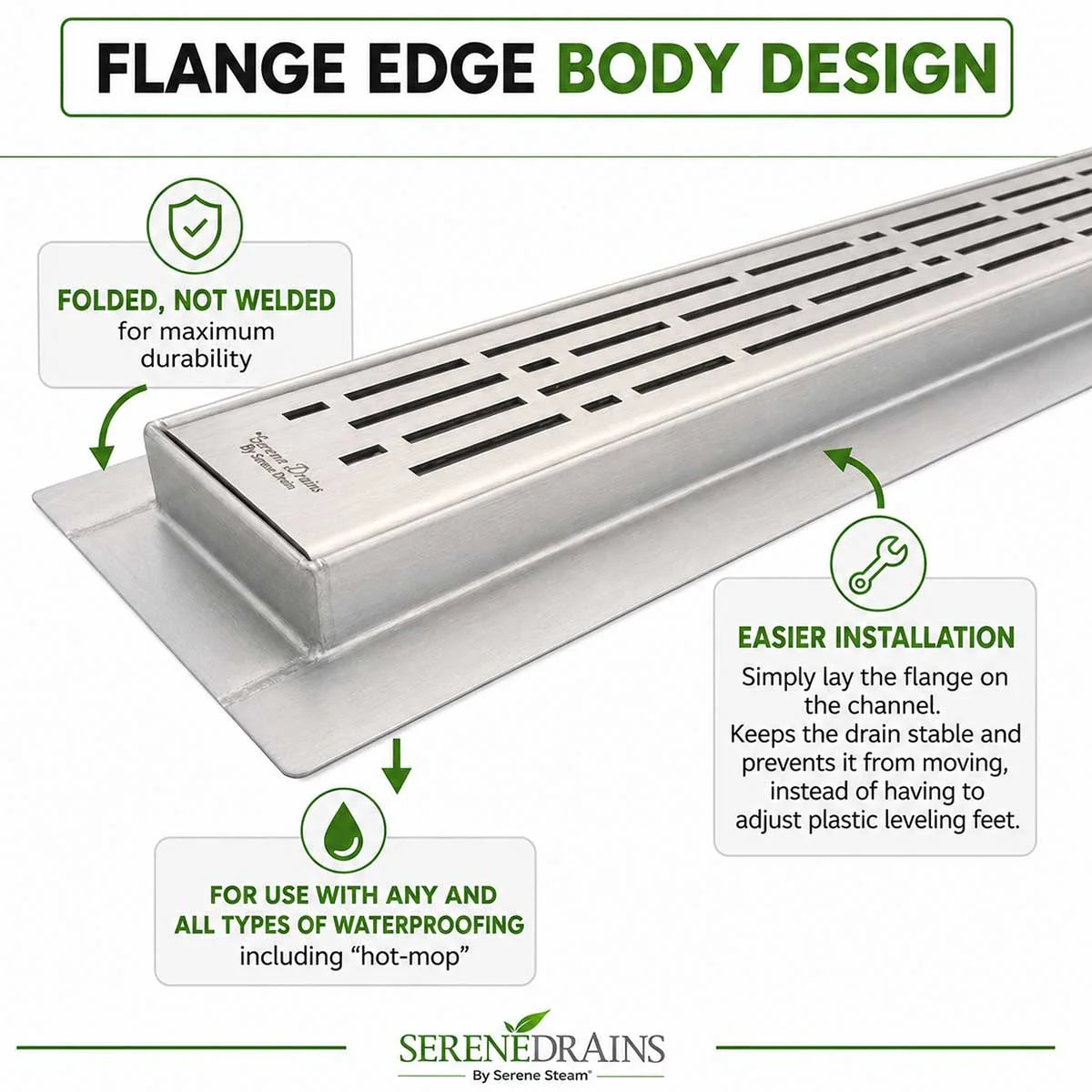 SereneDrains linear shower drain flange edge design