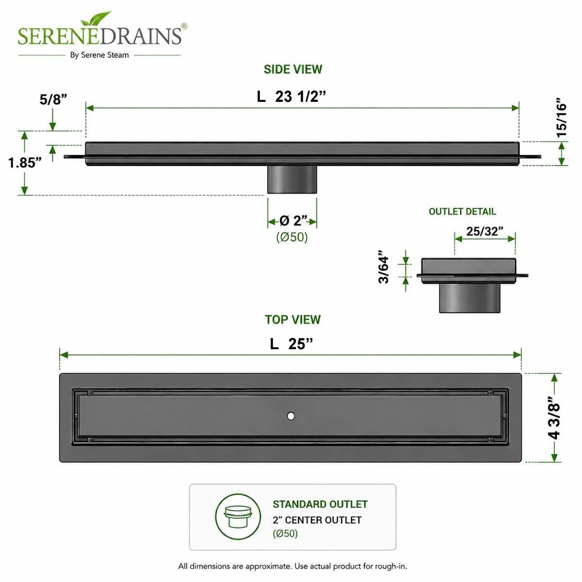 24 inch SereneDrains Oil Rubbed Bronze linear shower drain dimensions