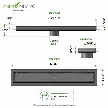 24 inch SereneDrains Oil Rubbed Bronze linear shower drain dimensions