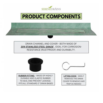 Invisible Linear Shower Drain Kit with Hair Trap and Flange Base, SereneDrains