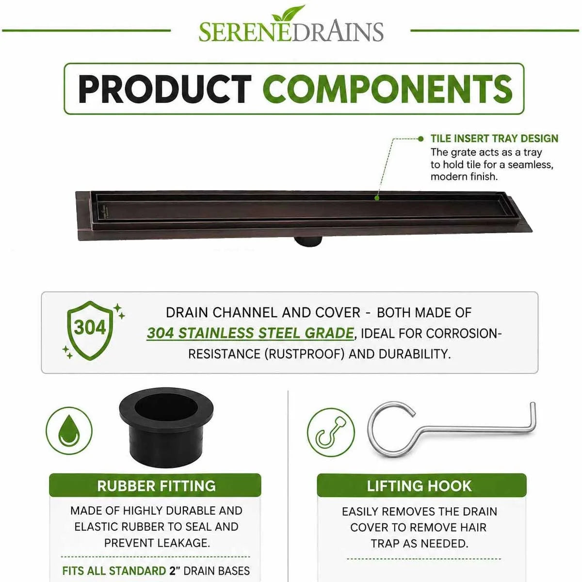 SereneDrains Oil Rubbed Bronze linear shower drain with included components