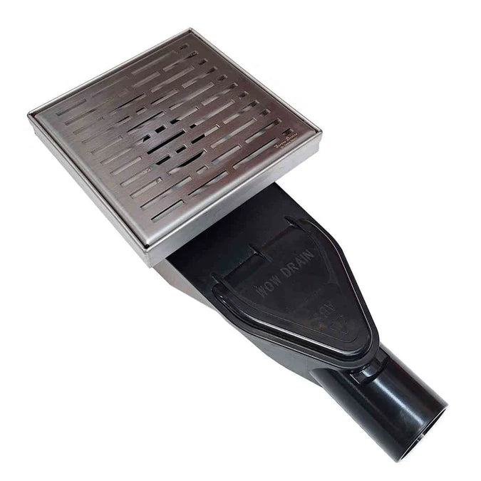 ABS Horizontal Side Discharge Drain Reducer for PVC Base Pipe and P-Trap, with 6 Inch Brushed Square Shower Drain