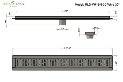 30 Inch Linear Shower Drain Brushed Finish Wind Design SereneDrains