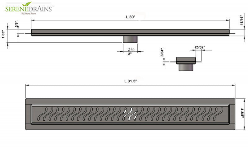 30 Inch Linear Shower Drain Ocean Wave Design by SereneDrains