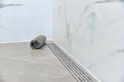 Polished Chrome Linear Shower Drain with Free Hair Trap, Broken Lane Design By SereneDrains