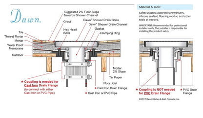 Dawn® Cast Iron Shower Drain Base with Gasket, Hair Trap and Grate Hook, Drain Installation Set