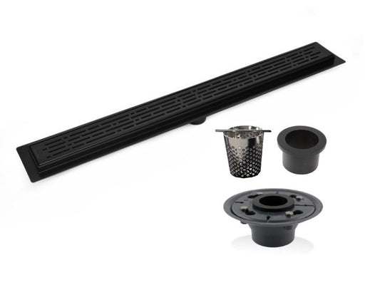 SereneDrains Complete Linear Drain Installation Kit: Matte Black Linear Drain Broken Lane Design, 2 Inch ABS Shower Drain Base, Hair trap.