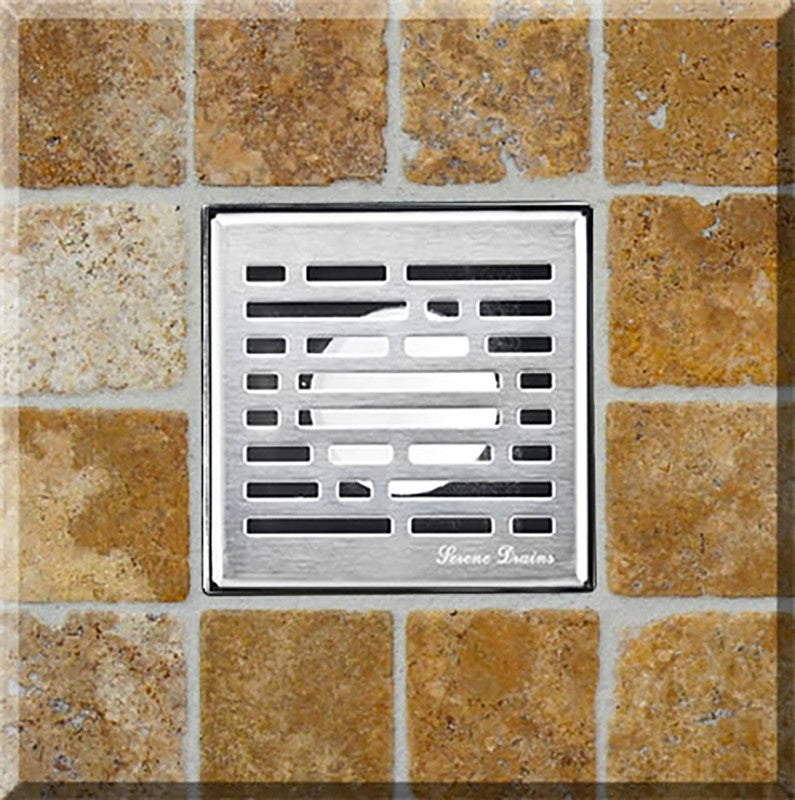 4 Inch Square Shower Drains, Brushed Nickel Broken Lane Design, SereneDrains