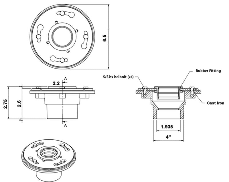 Cast Iron 4 Bolt Drain with Rubber Fitting