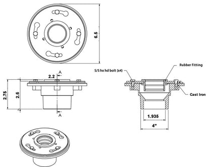 Cast Iron 4 Bolt Drain with Rubber Fitting