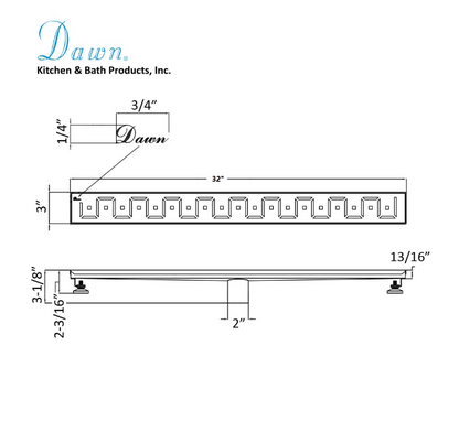 Dawn® 32 Inch Linear Shower Drain, Congo-Chambeshi River Series, Polished Satin Finish