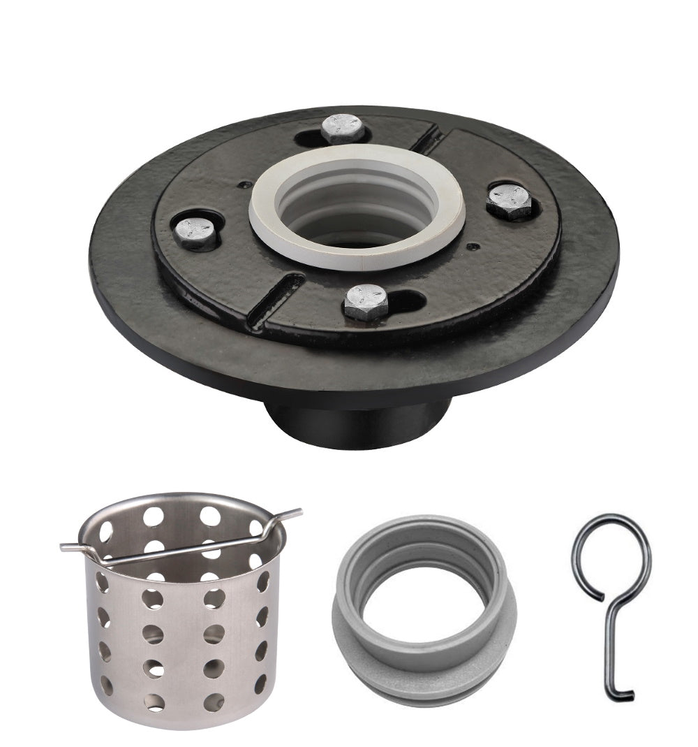 Dawn® Cast Iron Shower Drain Base with Gasket, Hair Trap and Grate Hook, Drain Installation Set