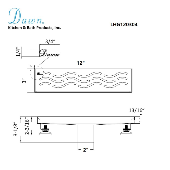 12 Inch Linear Drain with Adjustable Leveling Feet, Dawn USA Heilongjiang Series