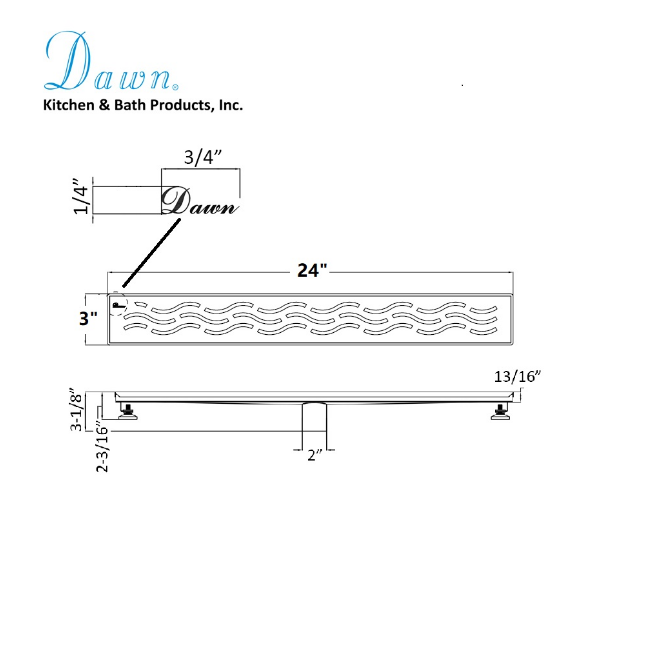 24 Inch Linear Drain with Adjustable Feet, Luxury Polished Finish Drain, Dawn USA LHG240304