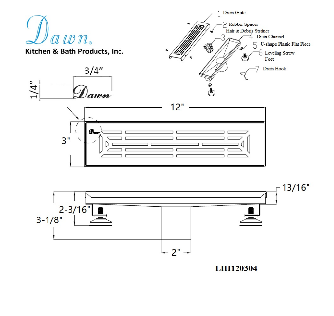 24 Inch Linear Drain with Adjustable Feet, Luxury Polished Finish Drain, Dawn USA LIH240304