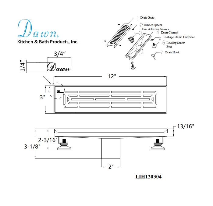 24 Inch Linear Drain with Adjustable Feet, Luxury Polished Finish Drain, Dawn USA LIH240304