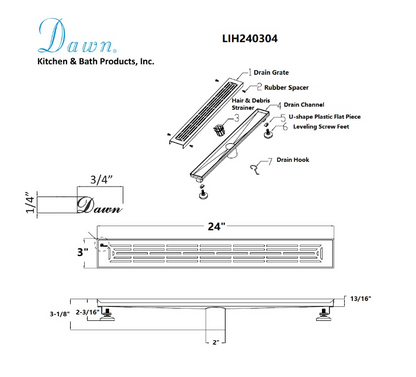 24 Inch Linear Drain with Adjustable Feet, Luxury Polished Finish Drain, Dawn USA LIH240304