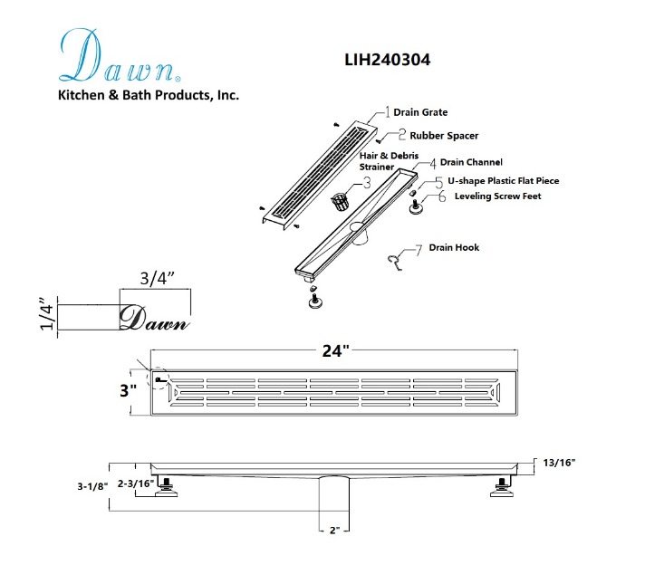 Dawn® 47 Inch Linear Shower Drain, Irtysh River Series, Polished Satin Finish