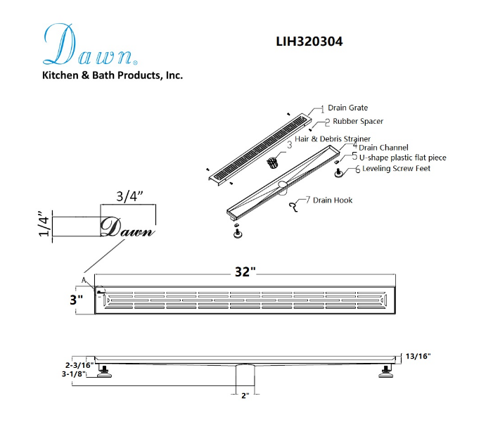 Dawn® 32 Inch Linear Shower Drain, Irtysh River Series, Polished Satin Finish