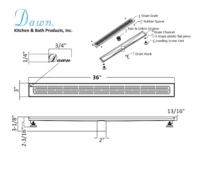 24 Inch Linear Drain with Adjustable Feet, Luxury Polished Finish Drain, Dawn USA LIH240304