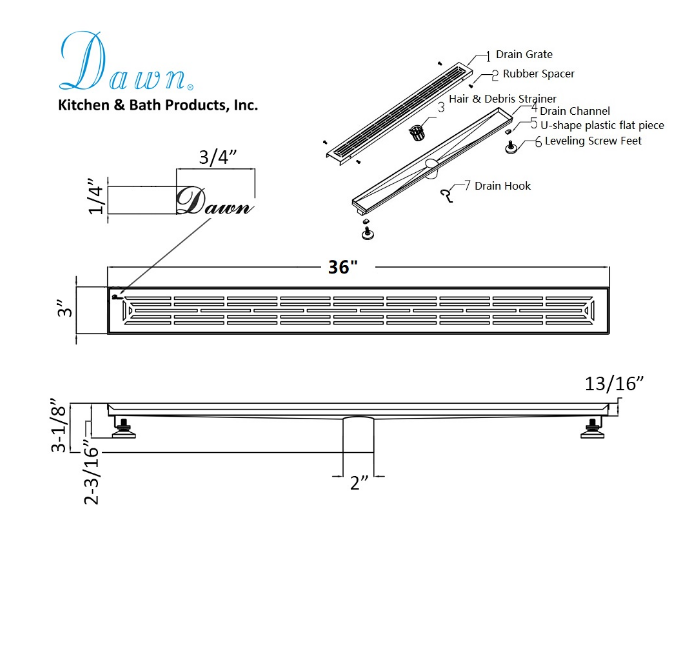 24 Inch Linear Drain with Adjustable Feet, Luxury Polished Finish Drain, Dawn USA LIH240304