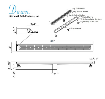 24 Inch Linear Drain with Adjustable Feet, Luxury Polished Finish Drain, Dawn USA LIH240304