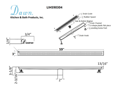 Dawn® 59 Inch Linear Shower Drain, Irtysh River Series, Polished Satin Finish