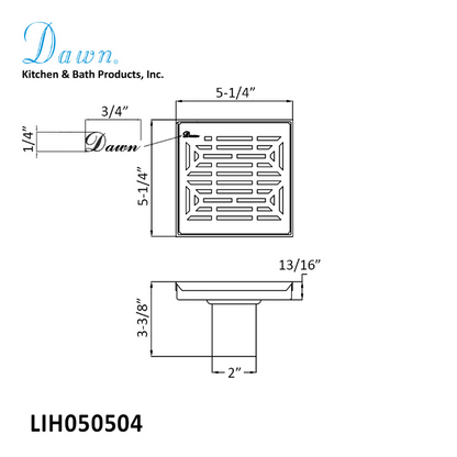 Dawn 5 Inch Square Shower Drain Irtysh River Series LIH050504 (push-in) Polished Satin Finish