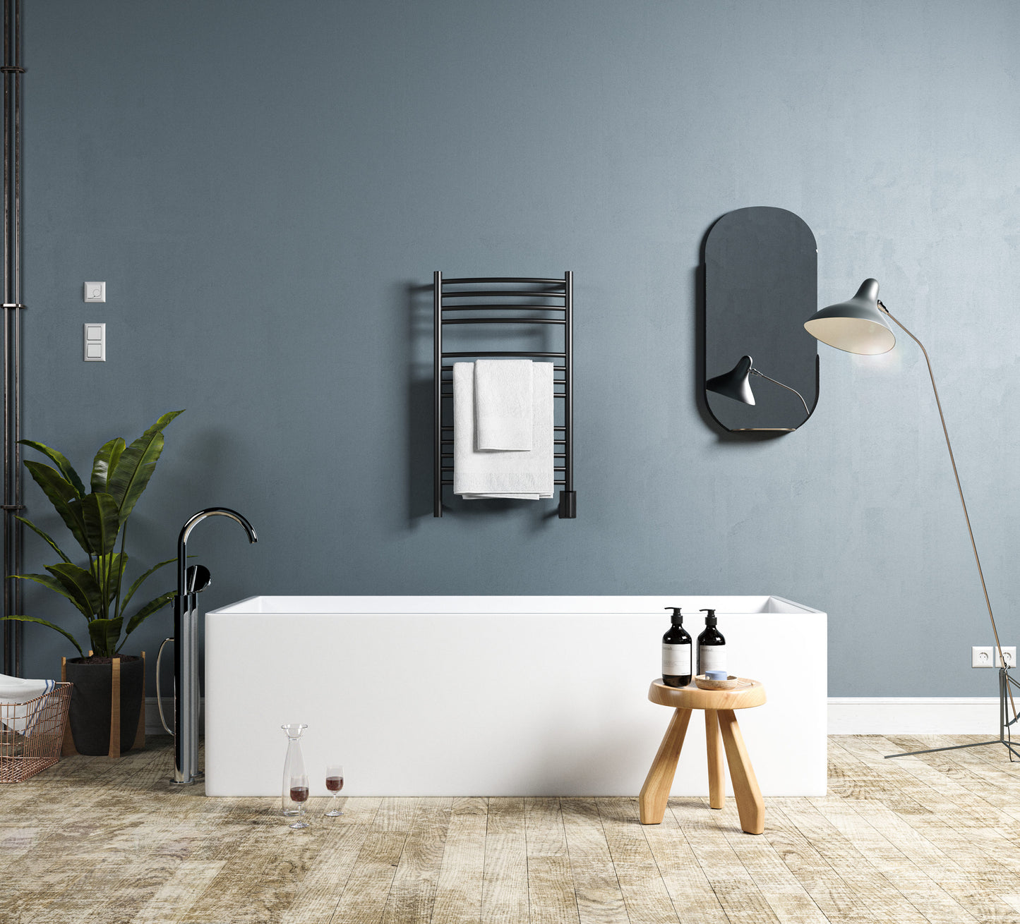 Amba Jeeves C Curved Matte Black Towel Warmer, Hardwired, 13 Bars, W 21" H 36"