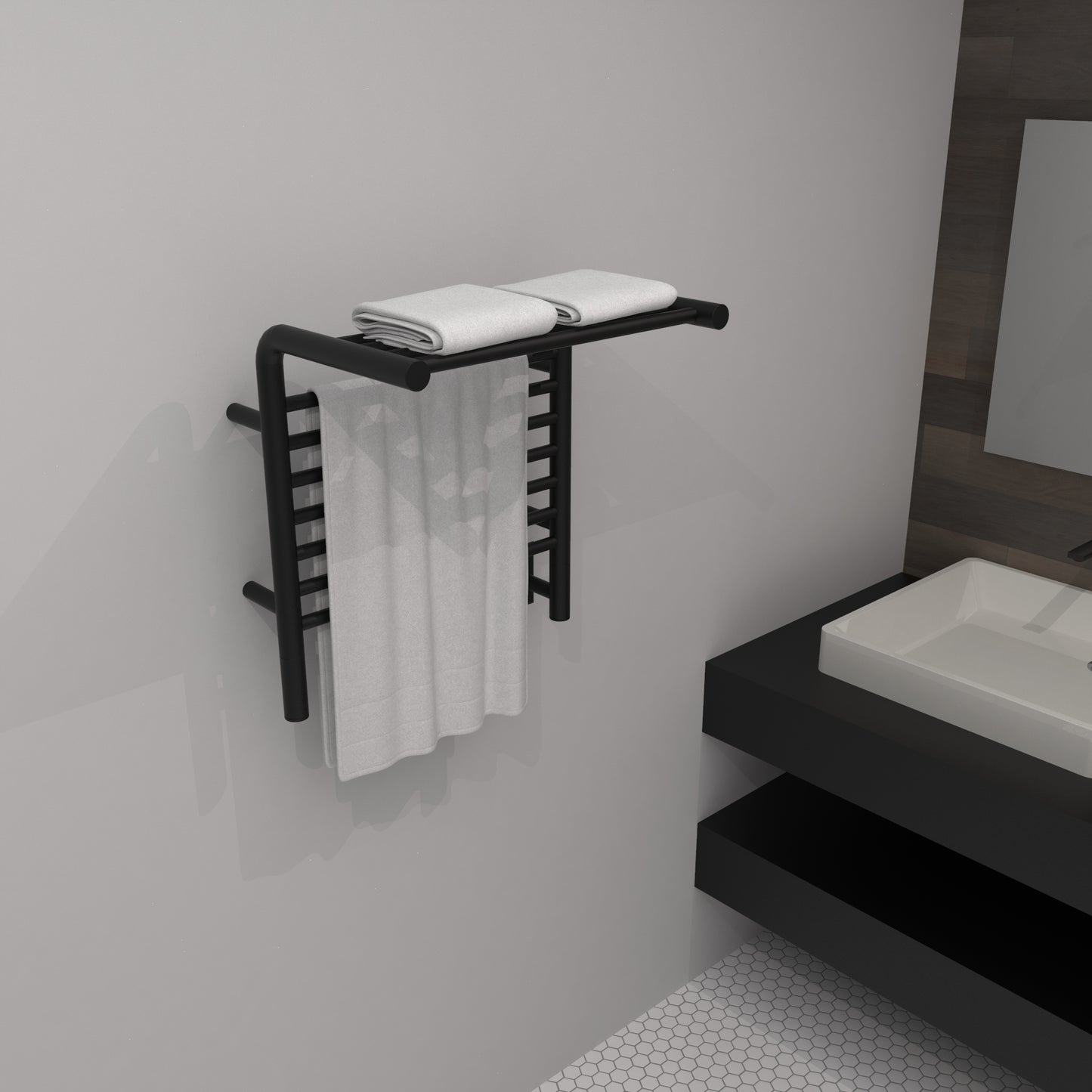 Amba Jeeves M Shelf Matte Black Towel Warmer, Hardwired, 11 Bars, W 21" H 22"