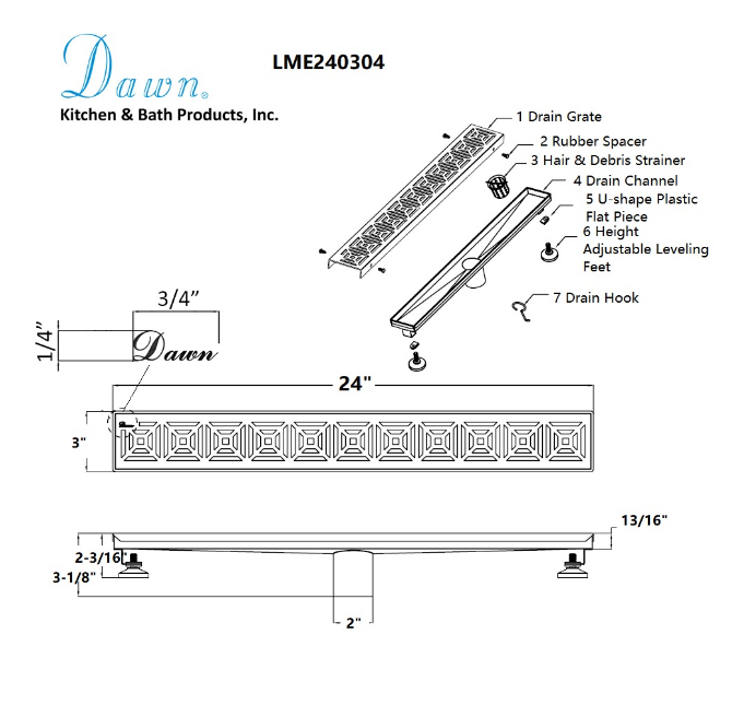 24 Inch Linear Drain with Adjustable Feet, Luxury Polished Finish Drain, Dawn USA LME240304