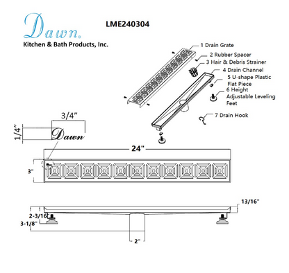 24 Inch Linear Drain with Adjustable Feet, Luxury Polished Finish Drain, Dawn USA LME240304