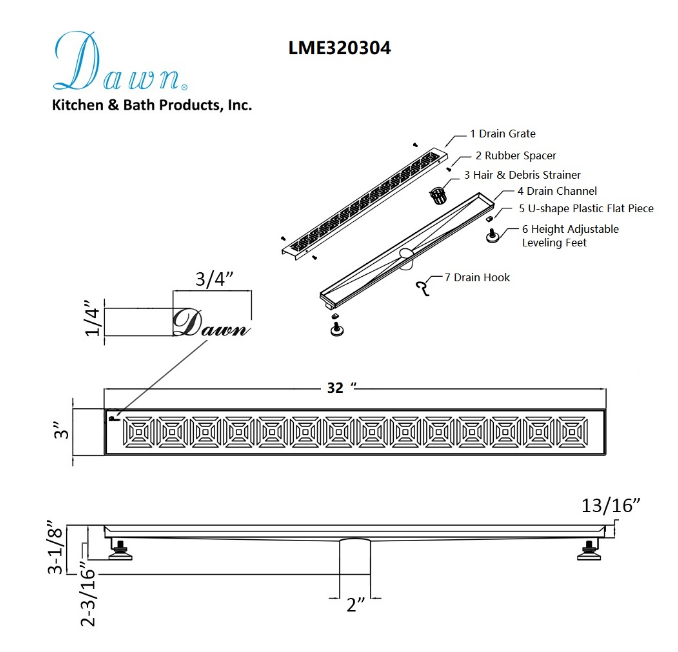 24 Inch Linear Drain with Adjustable Feet, Luxury Polished Finish Drain, Dawn USA LME240304