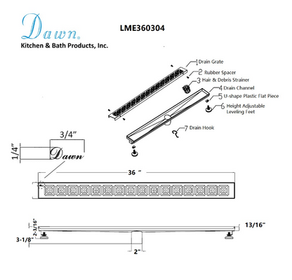 24 Inch Linear Drain with Adjustable Feet, Luxury Polished Finish Drain, Dawn USA LME240304