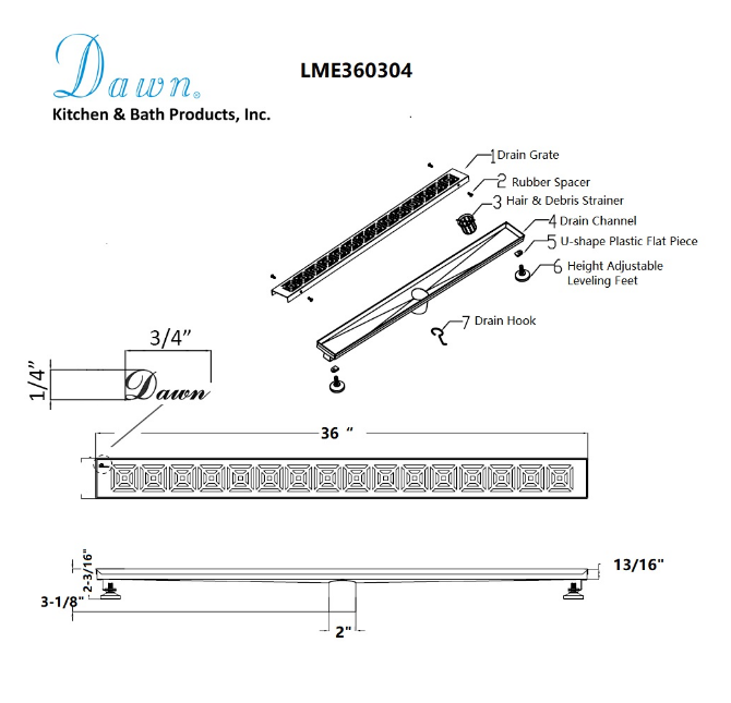 Dawn® 36 Inch Linear Shower Drain, Mamore River In Brazil Series, Polished Satin Finish