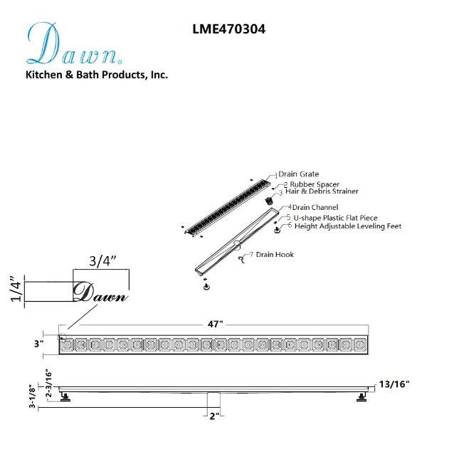 Dawn® 59 Inch Linear Shower Drain, Mamore River In Brazil Series, Polished Satin Finish